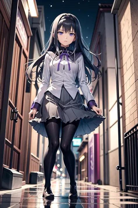 Homura Akemi, 1girl, solo, cowboy shot, from below, walking, extremely detailed textures, scowling, looking down at the viewer, (detailed reflective_eyes) <lora:HomuraAkemi:1> BREAK dark city alleyway, night time, windy, aesthetic, intricate, sharp focus, aesthetic, intricate, sharp focus, best quality, extremely detailed,