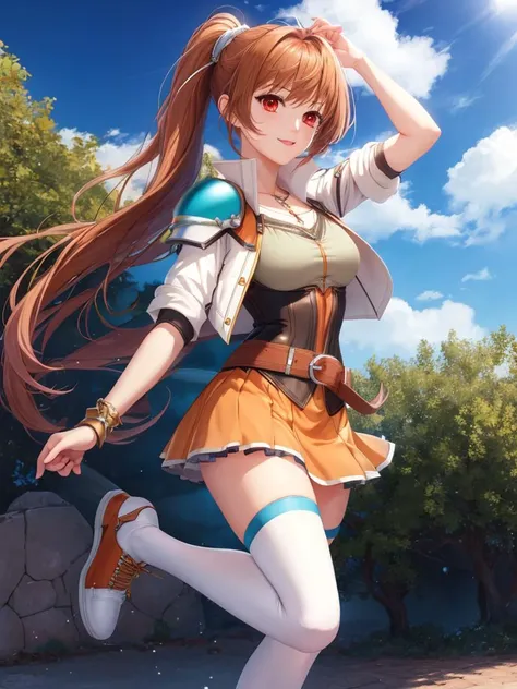 masterpiece, ultra high quality cg, perfect image, estelle, shoulder armor, short jacket, belt, orange skirt, white thighhighs, red eyes, shoes, blue sky