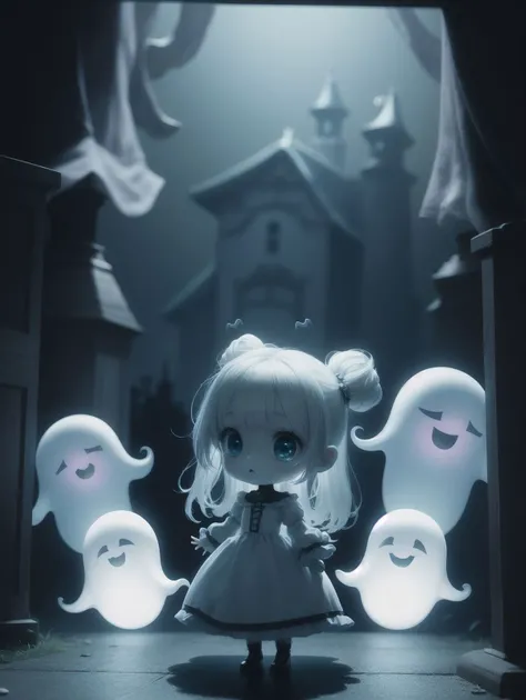 masterpiece, best quality, haunted theme park, haunted by chibi ghosts, cute, whimsical, glow, glowing, fun, silly, mystical