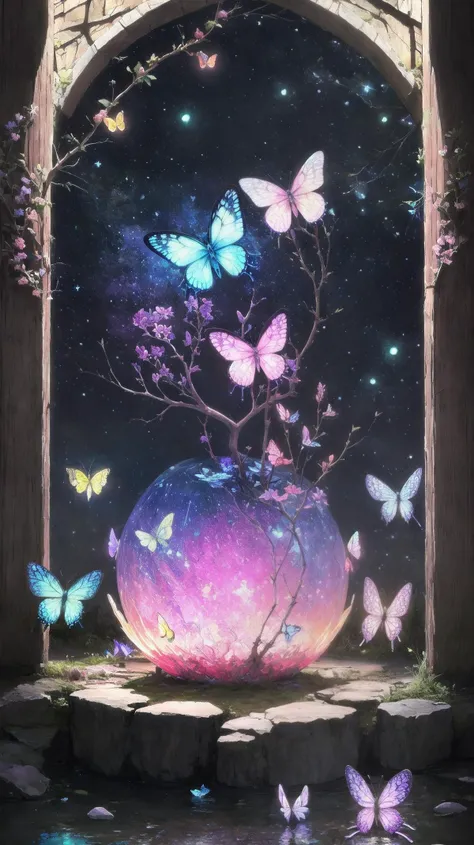 (masterpiece,best quality:1.2),art,stylized,
<lora:coloured glaze:0.5> coloured glaze,
pink, blue, biolet, indigo, flower, ruins, fireflies, butterfly, glowing, crystal,