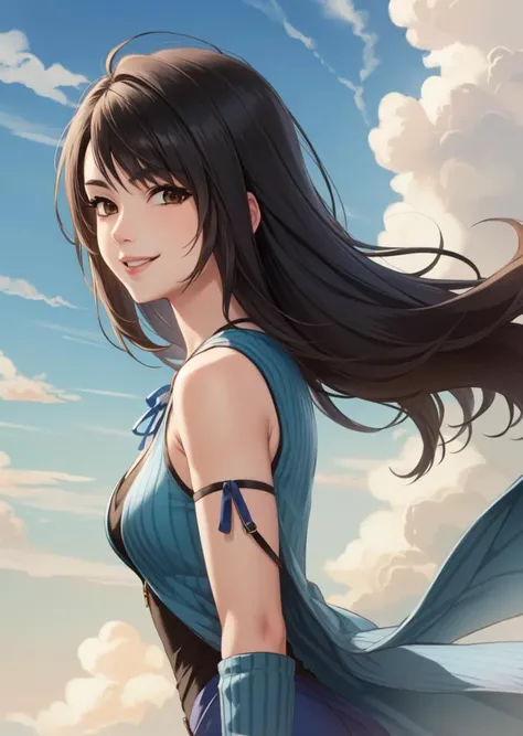 masterpiece, best quality, rinoa, arm warmers, sleeveless coat, black shirt, blue skirt, arm ribbon, upper body, from side, looking at viewer, smile, clouds, in midair <lora:rinoa-nvwls-v2-000010:0.9>