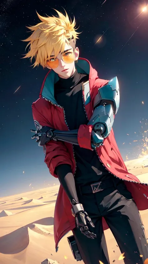 vash the stampede, 1boy, (mechanical arms:1.5), red coat, round eyewear,
intense angle, action pose, foreshortening,
(extremely detailed CG unity 8k wallpaper, masterpiece, best quality, ultra-detailed, best shadow, volumetric lighting), (beautiful detailed face, beautiful detailed eyes), High contrast, high saturation, (best illumination, an extremely delicate and beautiful),
mksks style, beautiful background, outdoors, desert, light particles, dust, spacecraft, dune \(series\), post-apocalypse, starry sky, planetary ring, planet,