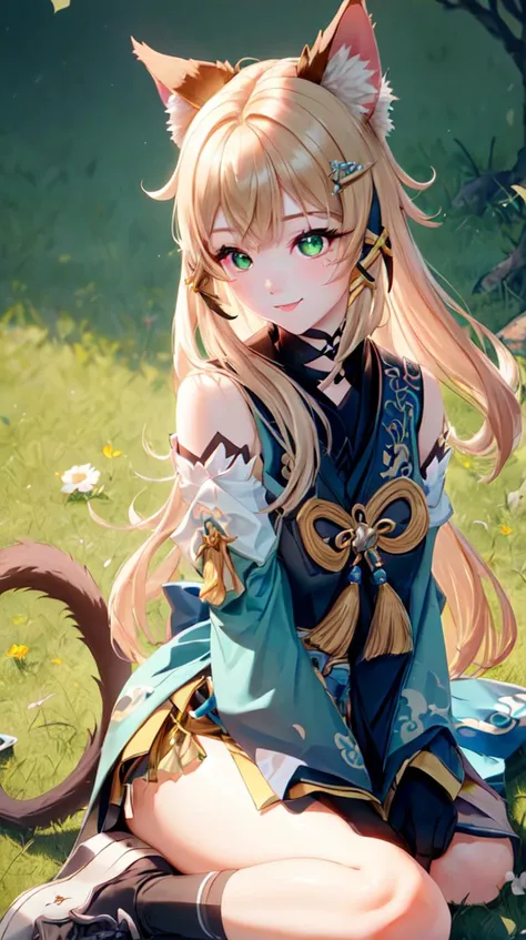 kirara /(genshin impact/), 1girl, Close-up, amused,
animal ears, bell, blush, cat ears, cat paws, cat tail, detached sleeves, green eyes, hair ornament, long hair, paw_shoes, sitting, solo, multiple tails,
(extremely detailed CG unity 8k wallpaper, masterpiece, best quality, ultra-detailed, best shadow, volumetric lighting), (beautiful detailed face, beautiful detailed eyes), High contrast, high saturation, (best illumination, an extremely delicate and beautiful),
mksks style, beautiful background, temperate steppe, cathedral, day,