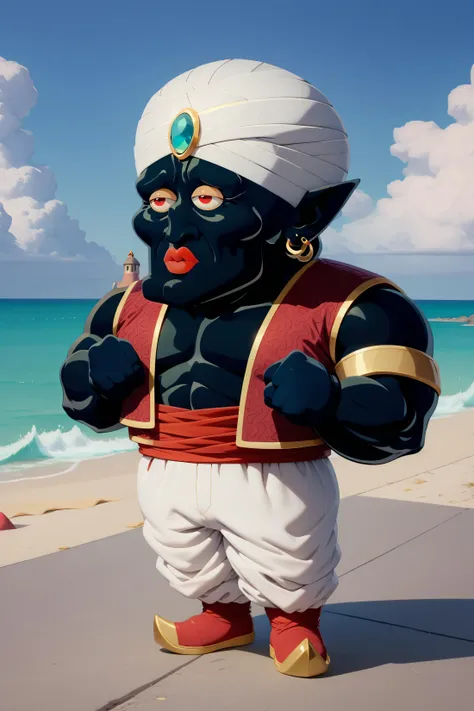 <lora:handsomize_x_v1:1> masterpiece, best quality, sparkle, handsomize <lora:mrpopo_v0_2:0.9> mrpopo, black eyes, black skin, red lips, pointy ears, brown naked vest, white turban, blue gemstone, red pointy shoes, armlet, earrings, sleeveless, chibi, pose, muscular, beach