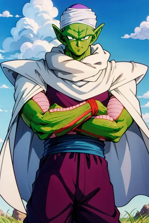 masterpiece, best quality, piccolo,1boy, male focus, upper body, solo, standing, pointy ears,purple dougi,purple pants,green skin,blue sash,(white turban), white cape,smile,closed mouth, looking at viewer, bald,black eyes, from below,crossed arms, rocky grassfields, pink patches