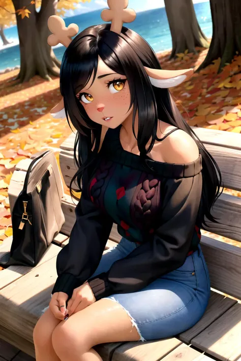 solo, masterpiece, best quality, perfect face, medium shot of a beautiful girl in an autumn forest leaning back on a park bench, pink lipstick, heavy freckles, lake with a beautiful waterfall, vivid autumn trees, surrounded by falling leaves, fit, (cropped knit sweater:1.2), (tight jeans), whimsical <lora:noelle-18:1>, noelleholiday, black hair, furry, white skin, furry female, striped dress, black dress, bare shoulders, black gloves, black jeans, yellow eyes,