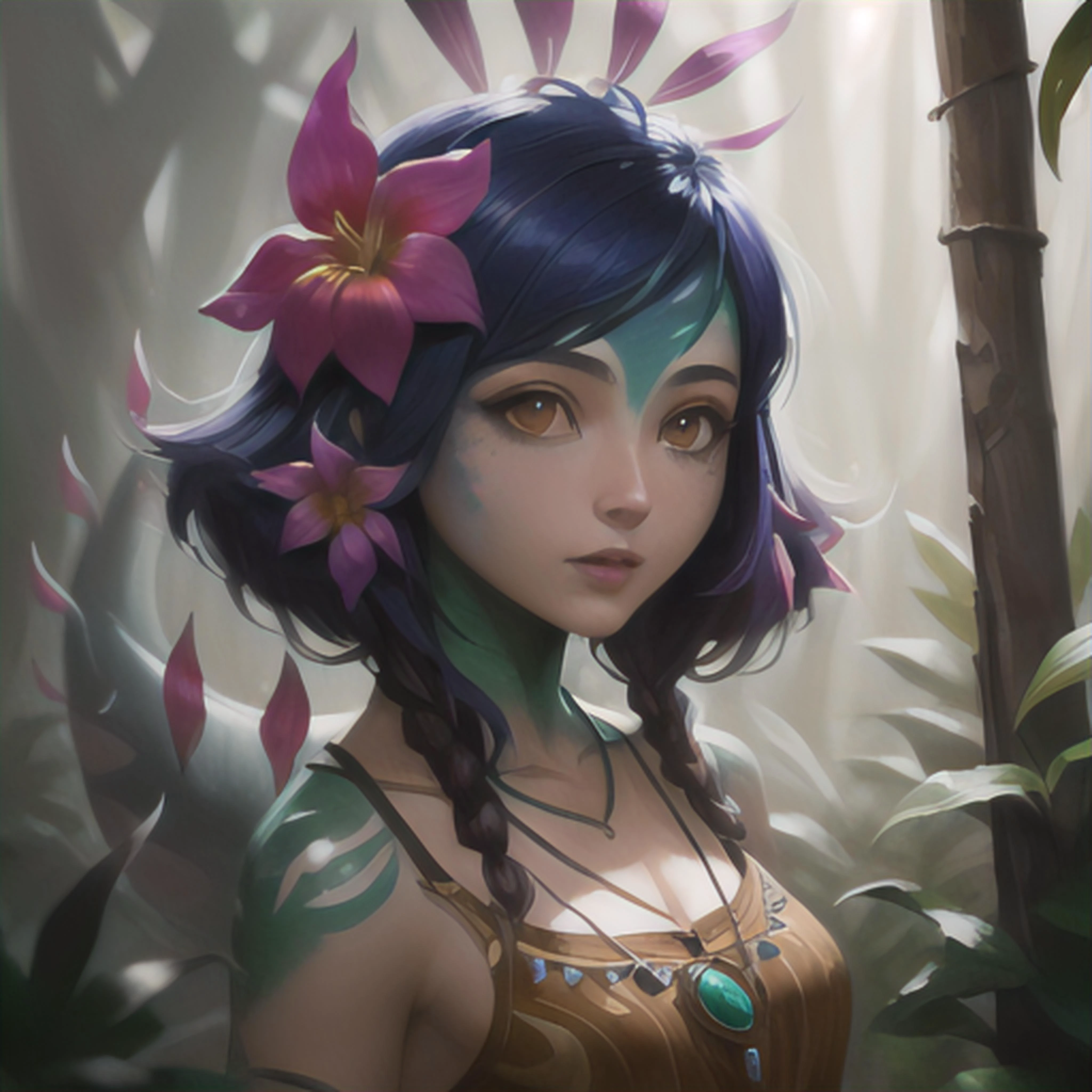 8k portrait of beautiful female, <lora:neekoLeagueOfLegends_v1:1>, neeko, facial marks, hair ornaments, hair flower, necklace, brown shorts, croptop, intricate, elegant, highly detailed, majestic, digital photography, art by artgerm and ruan jia and greg rutkowski surreal painting, jungle, (masterpiece, sidelighting, finely detailed beautiful eyes: 1.2), hdr, <lora:neeko-nvwls-v1-final:1>