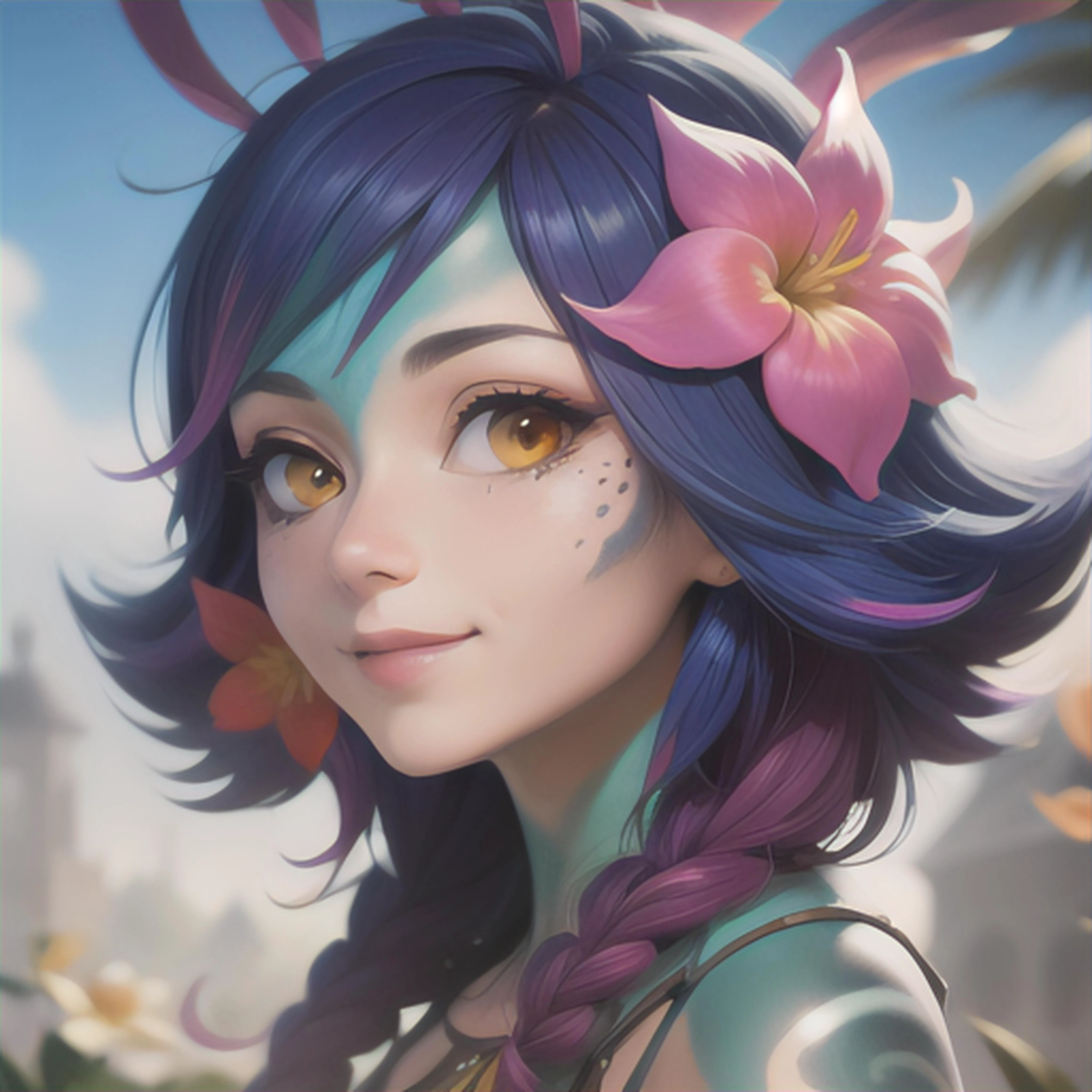 masterpiece, best quality, neeko, facial marks, hair ornaments, hair flower, crop top, close-up, face, portrait, blue sky, smile, closed mouth <lora:neeko-nvwls-v2-000014:0.9>
<lora:neeko-nvwls-v1-final:1>