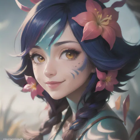 masterpiece, best quality, neeko, facial marks, hair ornaments, hair flower, crop top, close-up, face, portrait, blue sky, smile, closed mouth 
 <lora:neeko-nvwls-v1-final:1>