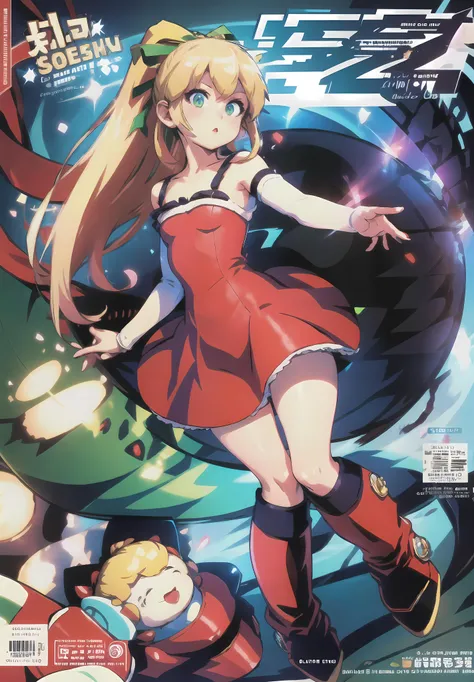 masterpiece, high quality,
<lora:megaman_roll_dblora_01-000009:0.9>, megamanroll, 1girl, ((solo)), green eyes, blonde hair, ponytail, ribbon, boots, dress, long hair, red dress, hair ribbon, long sleeves, red skirt, green ribbon, sidelocks, skirt, boots, looking at the viewers, on city
<lyco:GoodHands-beta2:1.0>,
<lora:sd-No.410cover-000018:0.8>, cover