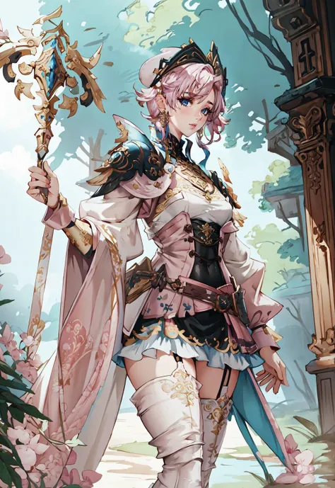 <lora:FF14CharArt:0.9>,masterpiece,best quality,painting of a woman,((cleric, intricate outfit, Valentine Pink theme)),:p look,rugged thin woman,very short hair,Fluorescent Yellow hair,hair,Light blue eyes,tall,vivid colors,tropical moist forest,intricate background,dynamic pose,action scene