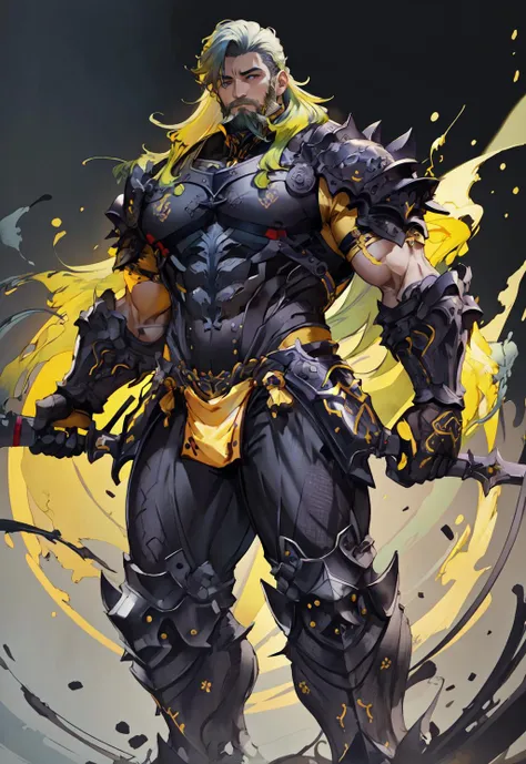 <lora:FF14CharArt:0.9>,masterpiece,best quality,painting of a man,((void thrall, intricate outfit, Safety Yellow theme)),neutral look,firm chubby man,long hair,Yellow Green hair,mustache,Bright Navy eyes,tall,temperate forest,intricate background,dynamic pose,action scene