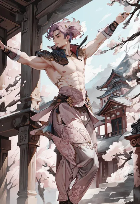 <lora:FF14CharArt:0.9>,masterpiece,best quality,painting of a man,((dancer, intricate outfit, Cherry Blossom Pink theme)),interested look,substantial chubby man,medium hair,Army Brown hair,undercut,Graphite Gray eyes,tall,mountain,intricate background,dynamic pose,action scene