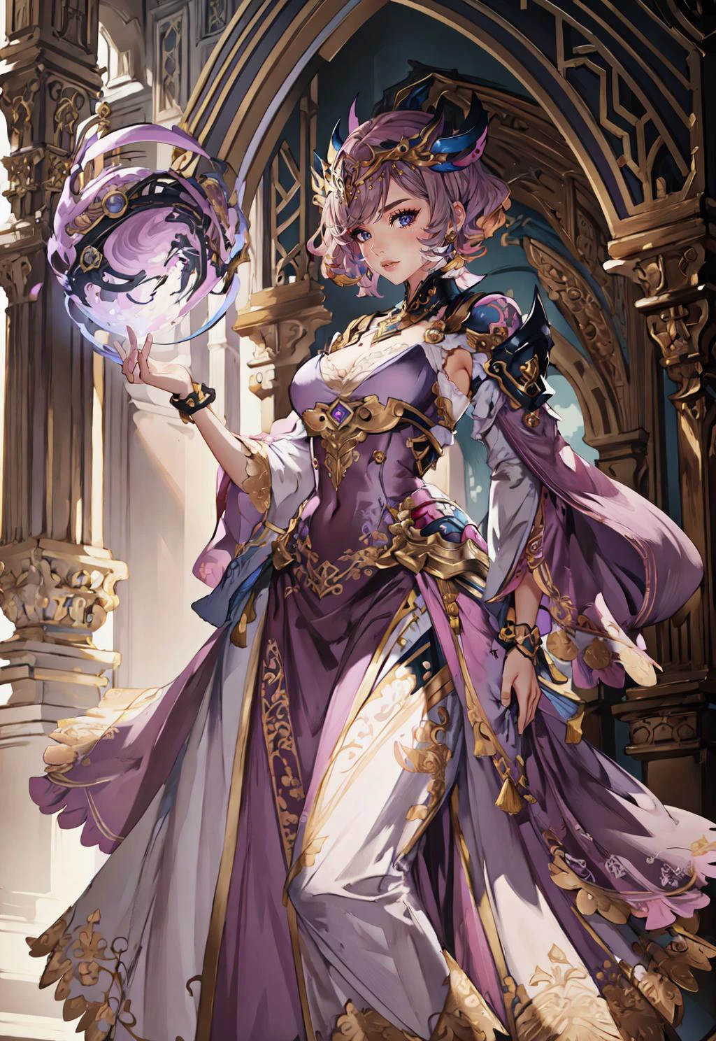 <lora:FF14CharArt:0.9>,masterpiece,best quality,painting of a woman,((orb master, intricate outfit, Lilac theme, character concept art)),fear look,muscle-bound slender woman,very short hair,Coyote Brown hair,hair,Satin Sheets Gold eyes,tall,vivid colors,tropical desert,intricate background,dynamic pose,action scene