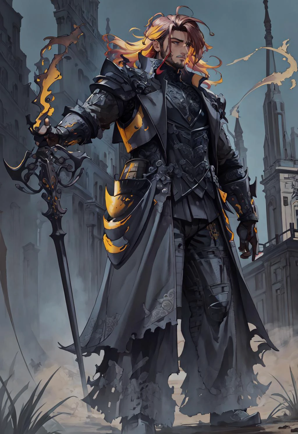<lora:FF14CharArt:0.9>,masterpiece,best quality,painting of a man,((pyromaniac, intricate outfit, Matte Gray theme)),proud look,sound chubby man,absurdly long hair,Lemon Yellow hair,layer cut,Spearmint eyes,very tall,tropical grassland,intricate background,dynamic pose,action scene