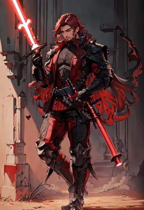 <lora:FF14CharArt:0.9>,masterpiece,best quality,painting of a man,((shadowdancer, intricate outfit, Lightsaber Red theme)),:q look,mighty buff man,long hair,Oxblood Red hair,mustache,Copper eyes,mature,ocean desert,intricate background,dynamic pose,action scene