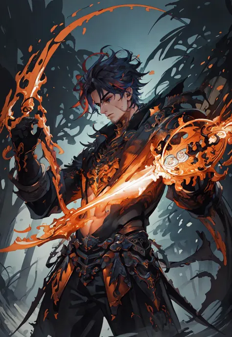 <lora:FF14CharArt:0.9>,masterpiece,best quality,painting of a man,((runecaster, intricate outfit, Bright Orange theme)),guilty look,sinewy slender man,big hair,Dazzling Blue hair,sideburns,Ice Gray eyes,tiny,tropical forest,intricate background,dynamic pose,action scene