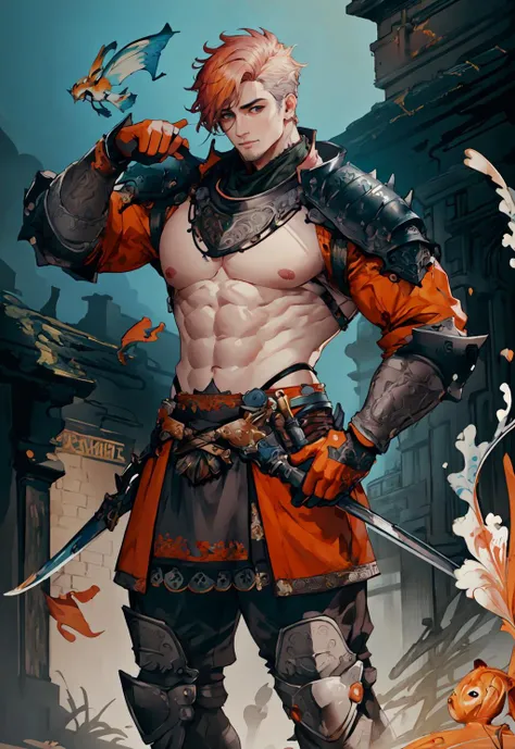 <lora:FF14CharArt:0.9>,masterpiece,best quality,painting of a man,((highlander, intricate outfit, Goldfish Orange theme)),lonely look,well-built ripped man,big hair,Platinum hair,short back and sides,Bright Blue eyes,tall,temperate desert,intricate background,dynamic pose,action scene