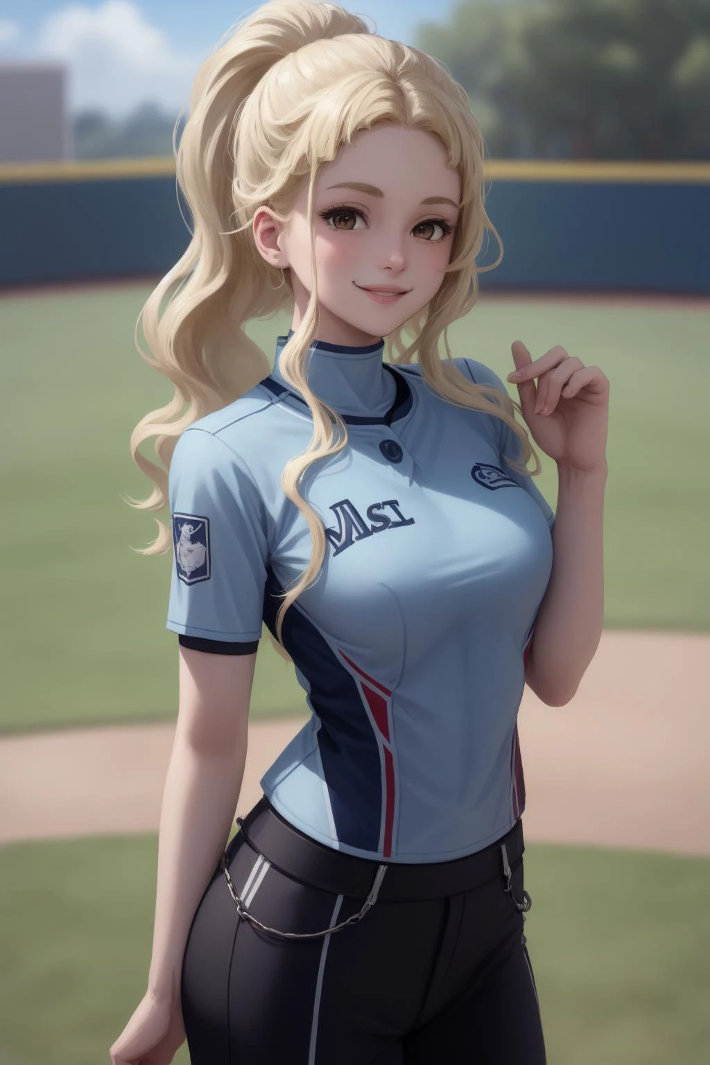 masterpiece, best quality, clair, wearing a baseball uniform in, blue color, baseball diamond, cowboy shot, looking at viewer, smile <lora:clair-nvwls-v1-final:0.9> <lora:Baseball Uniform By Stable Yogi:0.8>