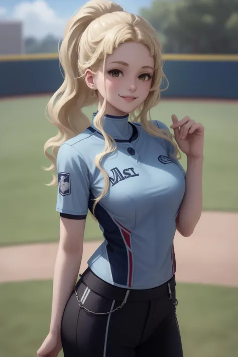 masterpiece, best quality, clair, wearing a baseball uniform in, blue color, baseball diamond, cowboy shot, looking at viewer, smile <lora:clair-nvwls-v1-final:0.9> <lora:Baseball Uniform By Stable Yogi:0.8>