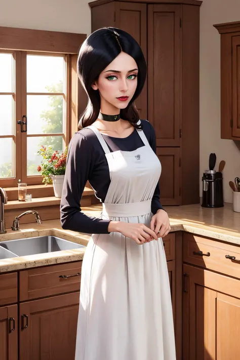 masterpiece, best quality, <lora:scoverkill-nvwls-v1-000010:1> scoverkill, green eyes, lipstick, choker, white shirt, long sleeves, apron, jeans, kitchen, looking at viewer