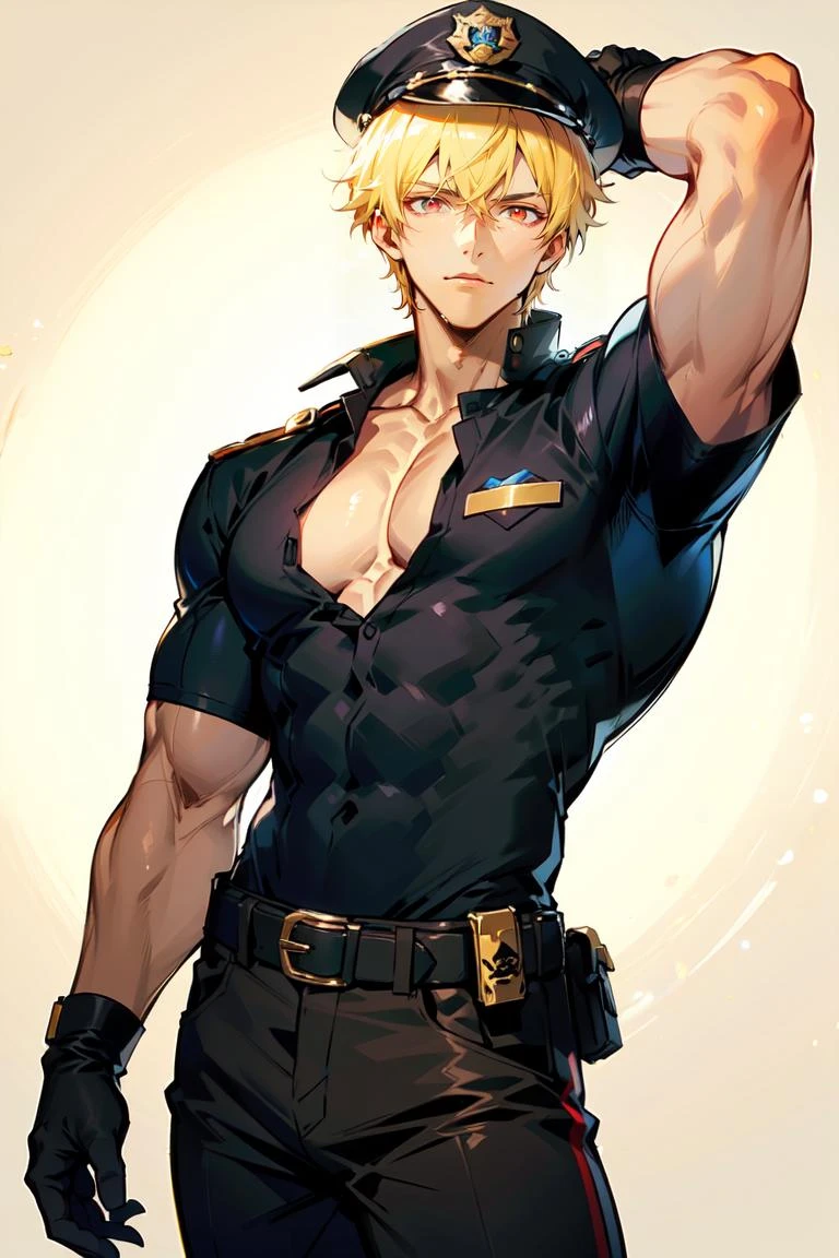 masterpiece,best quality,male focus,(manly),masculine appeal, handsome face,finely detailed eyes and face, youthful face,(solo),(alone),detailed eyes, Perfect features,(20-year-old male),narrow waist,1boy,
<lora:gilgamesh:1>gilgamesh, gilgamesh \(fate\),, masterpiece,best quality,male focus,(manly),masculine appeal, handsome face,finely detailed eyes and face, youthful face,(solo),(alone),detailed eyes, Perfect features,(20-year-old male),narrow waist,1boy,
police, 1boy, male focus, police uniform, muscular, solo, uniform, muscular male, pants, bara, hat, police hat, large pectorals, pectorals, tight, gloves, veins, shirt, manly, tight shirt, belt, thick arms, taut clothes,black shirt, taut shirt, short hair, thighs, thick thighs, black gloves, veiny arms, biceps, black belt, collared shirt, closed mouth