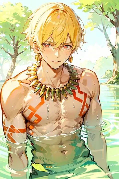 masterpiece,best quality,male focus,(manly),masculine appeal, handsome face,finely detailed eyes and face, youthful face,(solo),(alone),detailed eyes, Perfect features,(20-year-old male),narrow waist,1boy,
 <lora:gilgamesh:1>gilgamesh, gilgamesh \(fate\), 1boy, male focus, jewelry, solo, earrings, necklace, looking at viewer, partially submerged, tattoo, wet, water, tree, outdoors, hair between eyes, bangs, nature, smile, parted lips