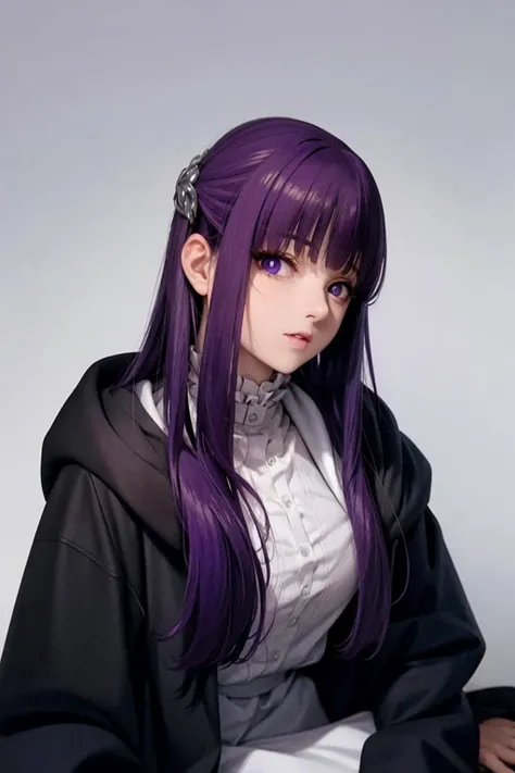 masterpiece, best quality,  <lora:ferunn:1>,1girl,purple hair, long hair,sidelocks, hair ornament,purple eyes, hood down,white shirt,jacket,open clothes,center frills,grey background,