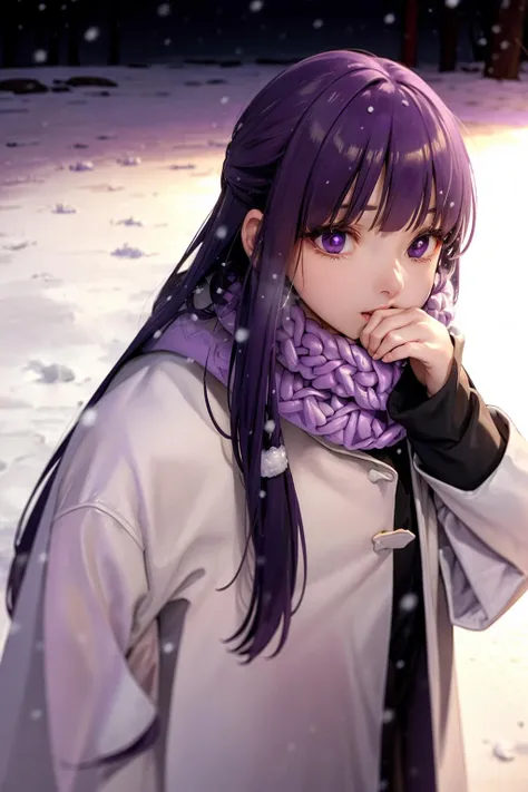 masterpiece, best quality, <lora:ferunn:1>,1girl, solo, purple eyes, long hair, purple hair, upper body, scarf, bangs, long sleeves, breath, hand up, blunt bangs, snowing, scarf over mouth, coat, jacket, covered mouth, white jacket, winter clothes, looking away, purple scarf, white coat, cold, outdoors, puffy sleeves, sidelocks