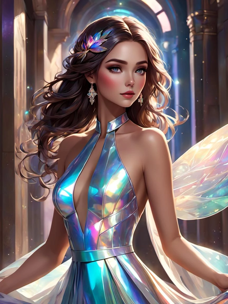 breathtaking beautiful woman wearing an iridescent Halter Dress, The Time Vortex, Balancing, <lora:xl_iridescent_clothing-1.0:0.8> . award-winning, professional, highly detailed