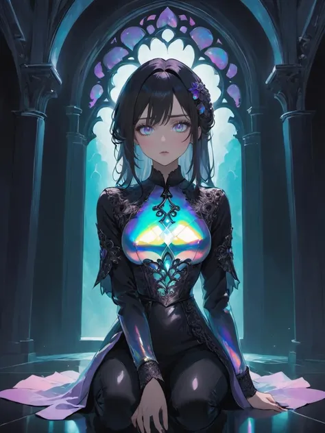 Gothic style beautiful woman wearing an iridescent Blouse, Quantum Realm, Crouching, <lora:xl_iridescent_clothing-1.0:0.8> . Dark, mysterious, haunting, dramatic, ornate, detailed