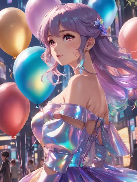 anime artwork beautiful woman wearing an iridescent Off-the-Shoulder Dress, Balloon Cities, Swaggering, <lora:xl_iridescent_clothing-1.0:0.8> . anime style, key visual, vibrant, studio anime,  highly detailed