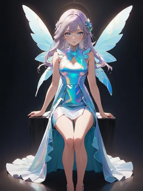 breathtaking beautiful woman wearing an iridescent Flutter Sleeve Dress, Bunker, Crouching, <lora:xl_iridescent_clothing-1.0:0.8> . award-winning, professional, highly detailed