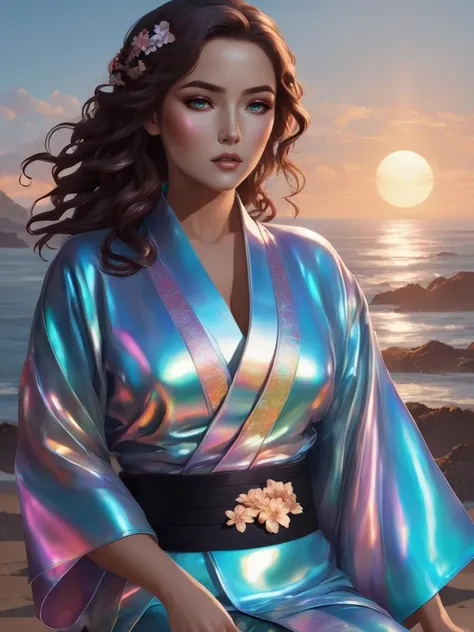 breathtaking beautiful woman wearing an iridescent Kimono, Neptune, Laying down, <lora:xl_iridescent_clothing-1.0:0.8> . award-winning, professional, highly detailed