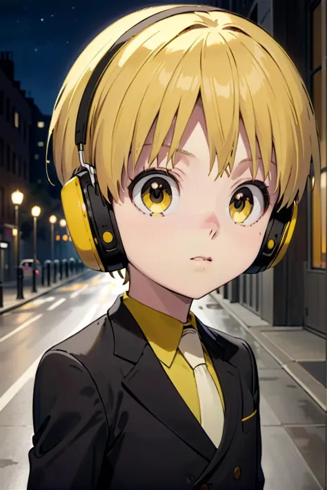 <lora:nobimaru-000009:0.7>
one 12-year-old boy named nobimaru, standing alone in a city, he has amber colored eyes,  he has yellow hair and he is wearing yellow headphones,
he wars a black suit,
draw it in the style of Kemono Jihen,
The soft lighting and detailed surroundings create an immersive environment where imagination runs wild hyper-detailed,
hyper-detailed face, high quality visuals, dim Lighting, sharply focused, octane render, 8k UHD