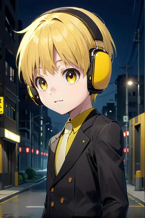 <lora:nobimaru-000009:0.7>
one 12-year-old boy named nobimaru, standing alone in a city, he has amber colored eyes,  he has yellow hair and he is wearing yellow headphones,
he wars a black suit,
draw it in the style of Kemono Jihen,
The soft lighting and detailed surroundings create an immersive environment where imagination runs wild hyper-detailed,
hyper-detailed face, high quality visuals, dim Lighting, sharply focused, octane render, 8k UHD