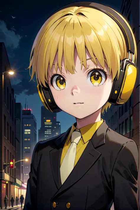 <lora:nobimaru-000009:0.7>
one 12-year-old boy named nobimaru, standing alone in a city, he has amber colored eyes, he has yellow hair and he is wearing yellow headphones,
he wars a black suit,
draw it in the style of Kemono Jihen,
The soft lighting and detailed surroundings create an immersive environment where imagination runs wild hyper-detailed,
hyper-detailed face, high quality visuals, dim Lighting, sharply focused, octane render, 8k UHD