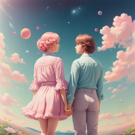 rz88p4stl, a surrealistic scene of a  couple holding hands watching planets in sky, the sky is filled with amazing colorful and vivid flowers and puffy clouds, a small cloud of blue, bright sunny breeze carries onto the landscape, highly detailed, in the style of Frederic Edwin Austin Stuchli, oil on canvas, bright pastel colors, 8k very very ethereal, very cute  Hyperrealistic artwork, cinematic, hyper realism, high