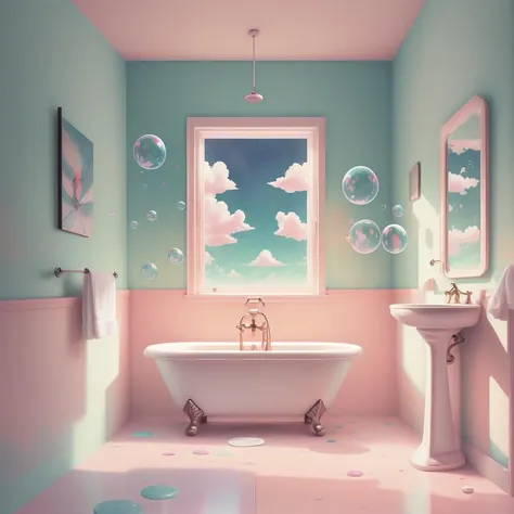 rz88p4stl, a (bathroom), bokeh, bubbles floating , dark clouds over over left the painting painted by james gurney, airbrush art book, intricately detailed, psychedelic, contrast, edge lighting, art by Jovana Tiri, Eric Falkiewicz, Hilma af Klint, and Hilma af Klint, in the style of George Calebignetk, Aperture f