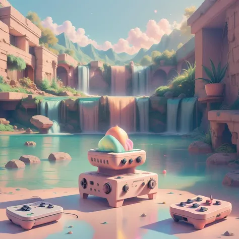 rz88p4stl, a ((Game console)), bokeh, , isometric view, 3D, depth of field, food details, intricate, blender, extremely detailed, digital painting, artstation, concept art, smooth, sharp focus, illustration, art by artgerm and greg rutkowski and alphonse mucha, 4k, low level view of a waterfall over a valley in ruins, sunny morning