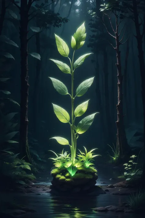 rz88p4stl, bioluminescent sprout in a dark theme forest