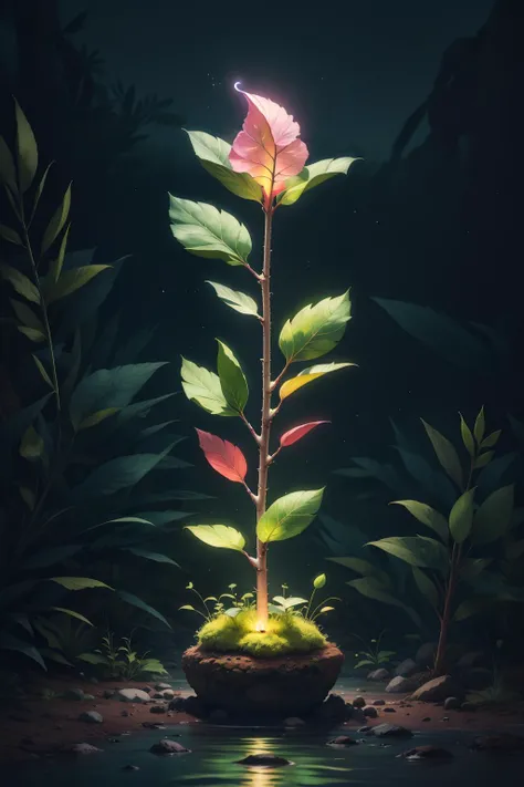 rz88p4stl, bioluminescent sprout in a dark theme forest