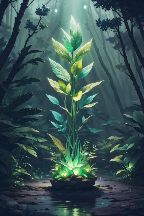 rz88p4stl, bioluminescent sprout in a dark theme forest
