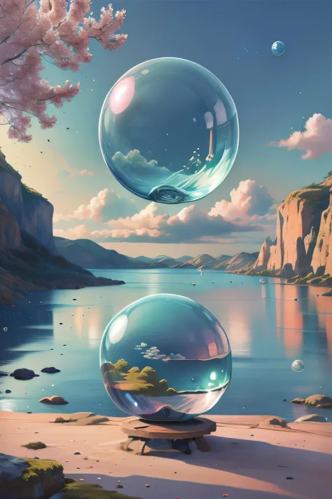 masterpiece:1.13), (extreme quality:1.0), a beautiful scenery landscape surrounding a peaceful beautiful bubble, rz88p4stl