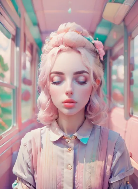 (masterpiece:1.3), (best quality:1.2), (intricate detailed:1.2), (hyperrealistic:1.2), (professional photograpy:1.1), highly detailed, absurd res, 1girl, sleeping on a train, lying against the wall, pastel color, low contrast, lofi, mellow, eyes closed, <lora:rz-purepastel-15-v1:1>, directed by Wes Anderson