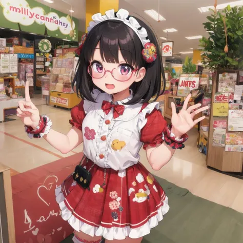 best quality, ultra-detailed, illustration,
1girl,solo, black hair, medium hair, glasses, 
idol style, cute clothing, bright colors, playful patterns, ruffled skirts, knee-high socks, kawaii accessories, youthful designs,
MollyFantasy, scenery, shop, poster (object), chair, indoors, 
 <lora:MollyFantasy_SD15_V1:0.6>