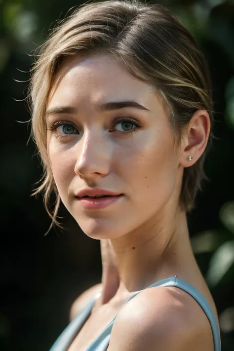 photoshoot of kamillaKow5, (blonde hair), (pixie cut), , detailed skin texture, (blush:0.2), (goosebumps:0.3), (light blue dress), subsurface scattering, Photorealistic, Hyperrealistic, Hyperdetailed, analog style, hip cocked, demure, detailed skin, matte skin, soft lighting, subsurface scattering, realistic, heavy shadow, masterpiece, best quality, ultra realistic, 8k, golden ratio, Intricate, High Detail, film photography, soft focus