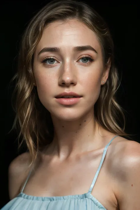 photoshoot of kamillaKow5, (blonde hair), (pixie cut), , detailed skin texture, (blush:0.2), (goosebumps:0.3), (light blue dress), subsurface scattering, Photorealistic, Hyperrealistic, Hyperdetailed, analog style, hip cocked, demure, detailed skin, matte skin, soft lighting, subsurface scattering, realistic, heavy shadow, masterpiece, best quality, ultra realistic, 8k, golden ratio, Intricate, High Detail, film photography, soft focus