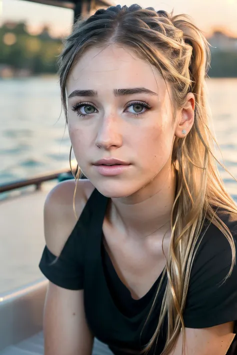 RAW, real photo portrait, kamillaKow5, on a boat, (wearing a wet black t-shirt), pretty face, insanely detailed eyes, light blonde hair, high ponytail, bokeh, natural light, depth of field, golden hour, sharp focus
