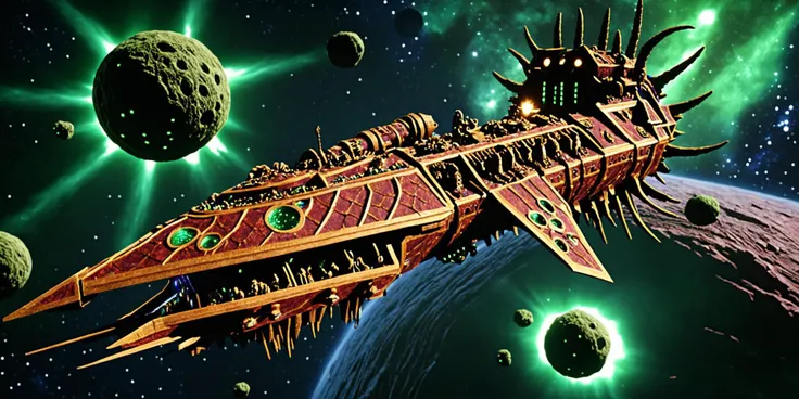 Generate a stunning art style, a true [masterpiece] [best quality] of art. The image showcases [detailed linework], [dynamic shading], and [dramatic lighting], bringing to life a [dreading atmosphere, grim dark coloures]. In the background a [space, maelstrom, nebula, asteroids, green lighting, warped,warhammer 40k] is to be seen in [grand:1.8, high-scale:1.8, panorama:1.8] from [from below]. A demonic  chaoswarfleet spacecraft with [tentacles and many eyes], charging forward
<lora:Chaos_Warfleet_-_Warhammer_40000_SDXL:0.8>